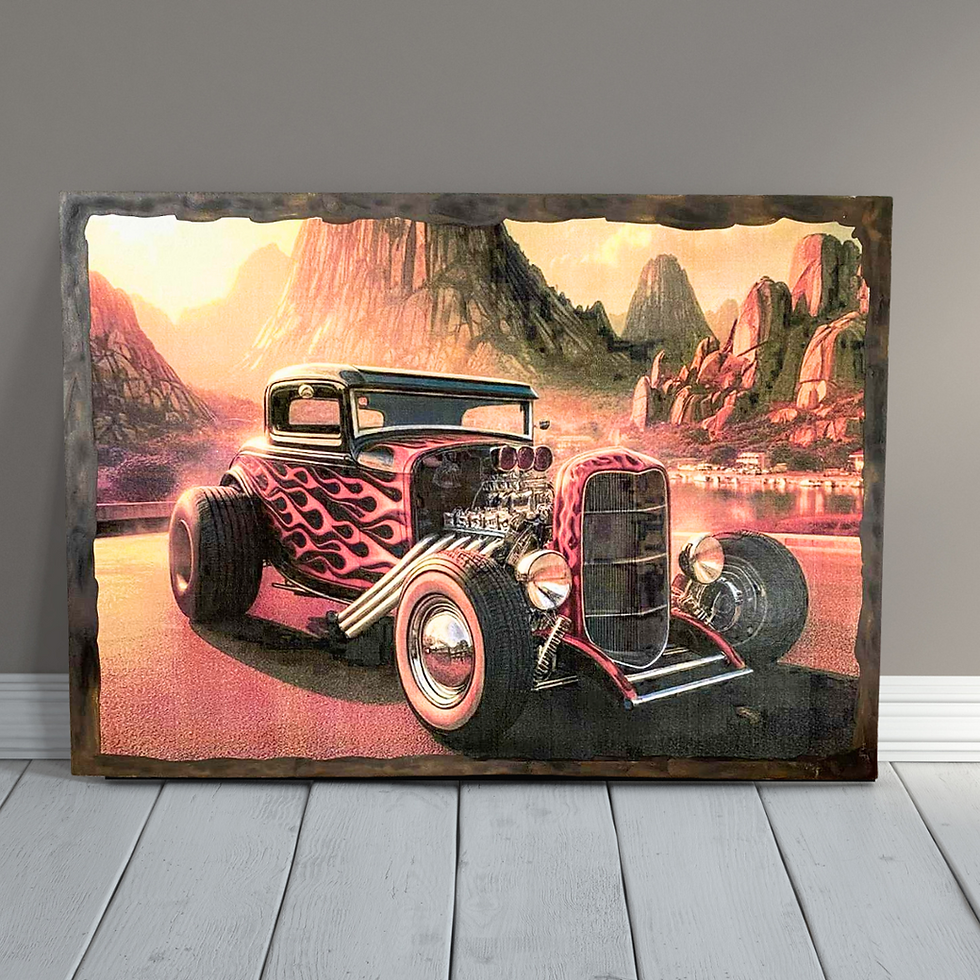Miniature : Tableau Hot rod   🔥 Hot Rod en flammes, route infinie ! 🔥 Un décor de roche rouge, un coucher de soleil ardent et une bagno