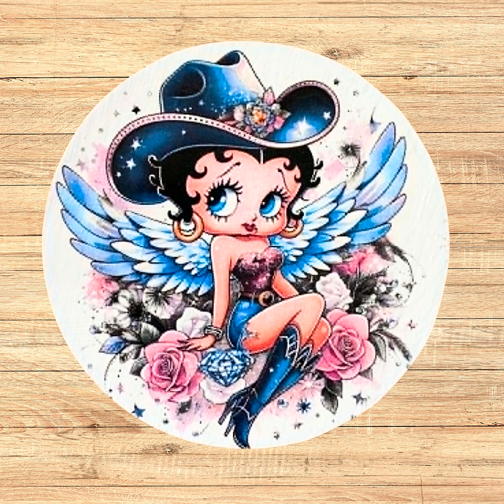 Miniature : Dessous verre Betty Boop  🤠💙 Quand l'esprit cowgirl rencontre le charme vintage... 💙🤠  Avec ses jolies ailes, ses fleurs