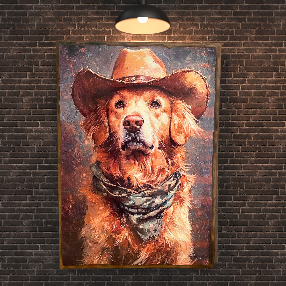 Miniature : Tableau Golden Retriever  Craquez pour ce magnifique portrait d’un Golden Retriever, revisité dans une ambiance western plein