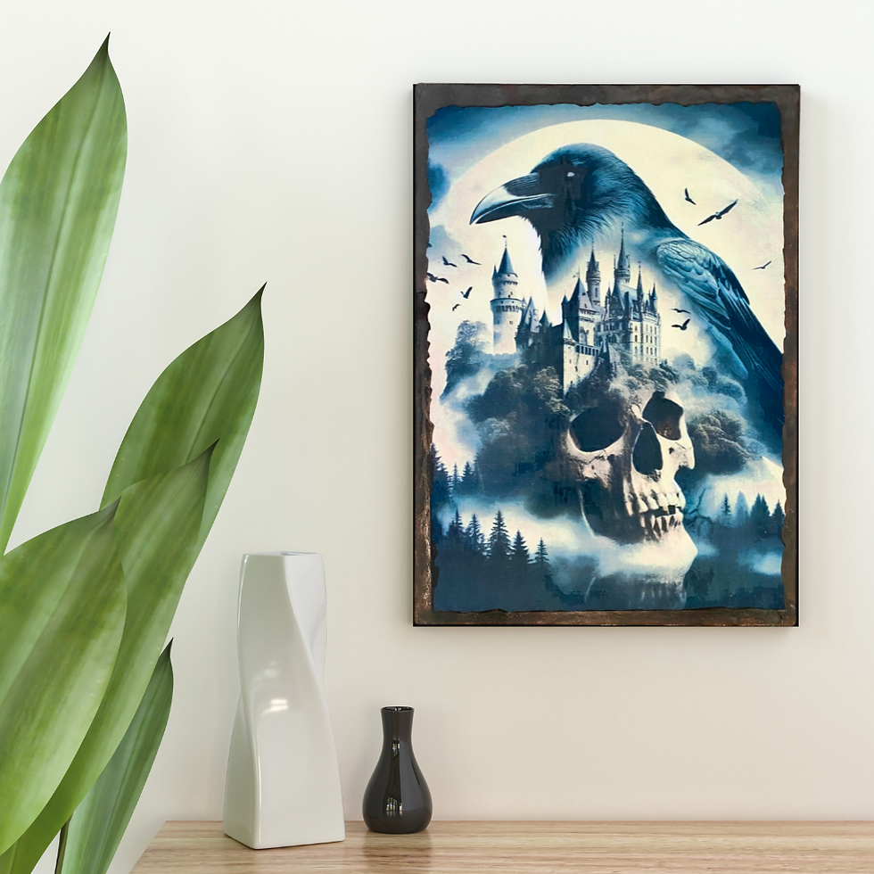 Miniature : Tableau tête de mort et corbeau  Plongez dans un univers fascinant et énigmatique avec cette œuvre captivante. Alliant le got