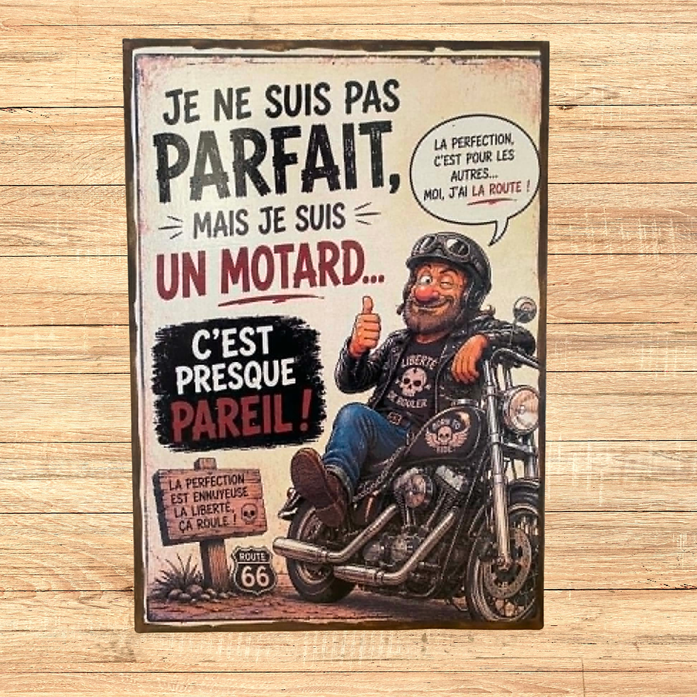 Miniature : Tableau "je ne suis pas parfait, mais je suis un motard, c'est presque pareil "  🏍️😄 La perfection ? Très peu pour lui... L