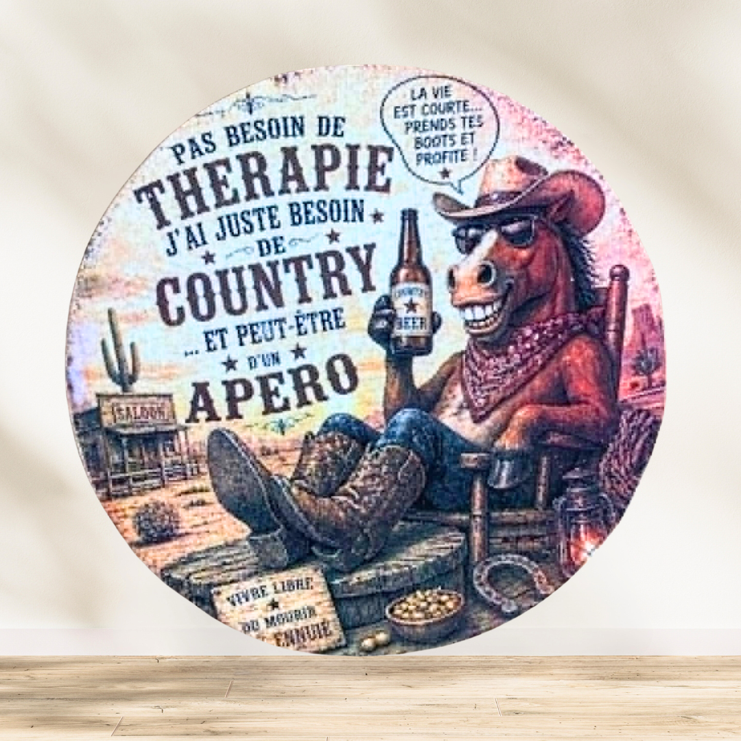 Dessous verre humour country Pas besoin de thérapie… juste d’un bon verre, un peu de country et ce dessous de verre pour sau