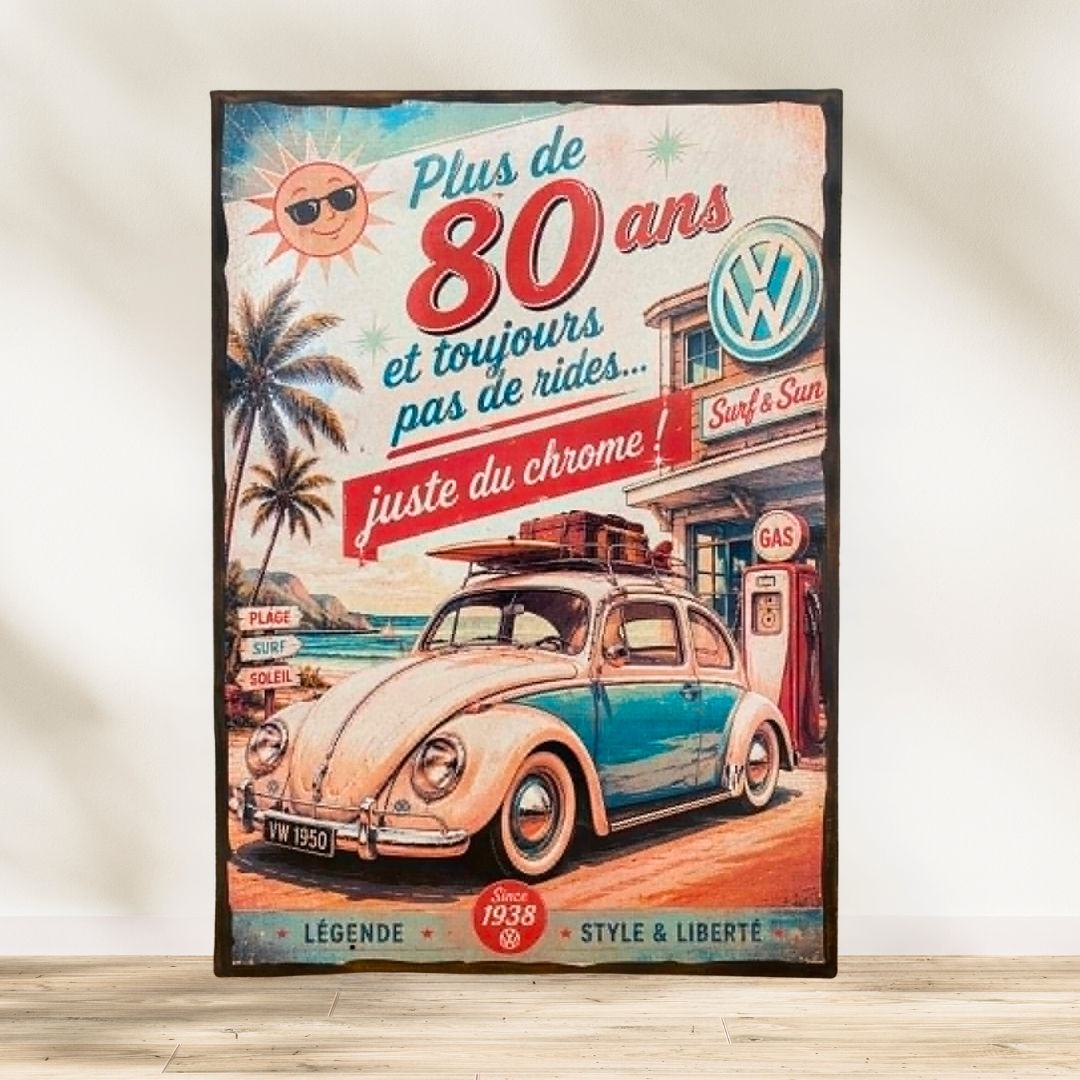 Tableau   Coccinelle Volkswagen "Plus de 80 ans et toujours pas de rides, juste du chrome ! "  🌴☀️ Plus de 80 ans et toujour
