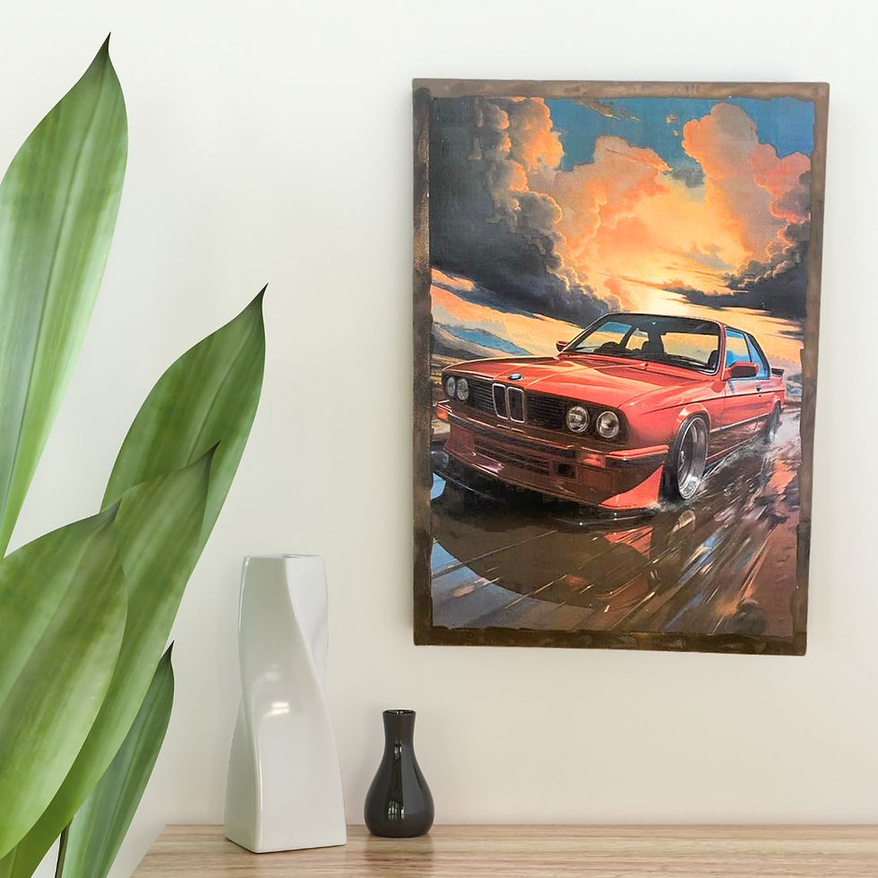 Miniature : Tableau BMW  ☀️🌩 Puissance rouge sous un ciel de tempête 🚗💨 Voici la légendaire BMW M3 E30, icône des années 80, figée dan