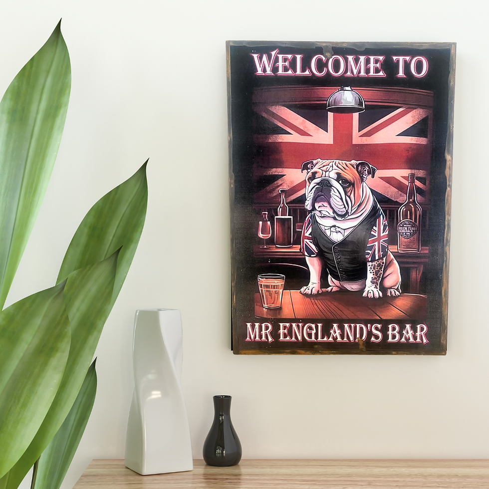 Miniature : Tableau Bouledogue anglais   🍺 WELCOME TO MR ENGLAND’S BAR 🍺  Ici, le patron ne parle pas beaucoup… mais il juge très fort