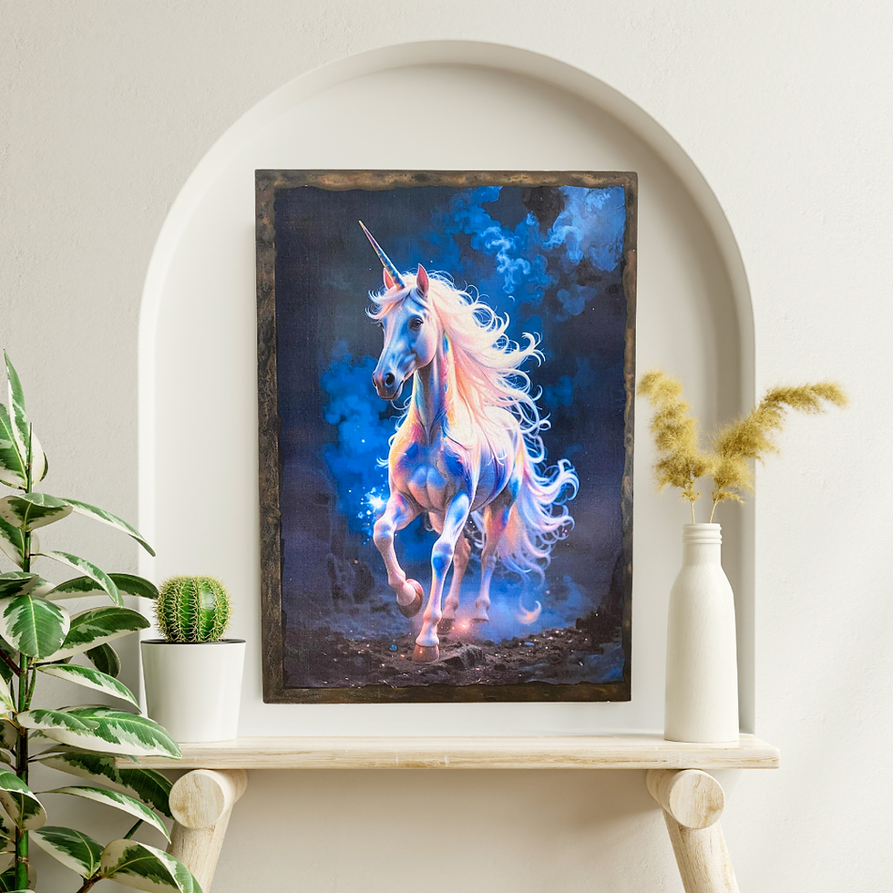 Tableau Licorne  ✨ Quand la magie prend vie… ✨ Dans un souffle de lumière et de brume bleutée, cette licorne surgit avec grâc