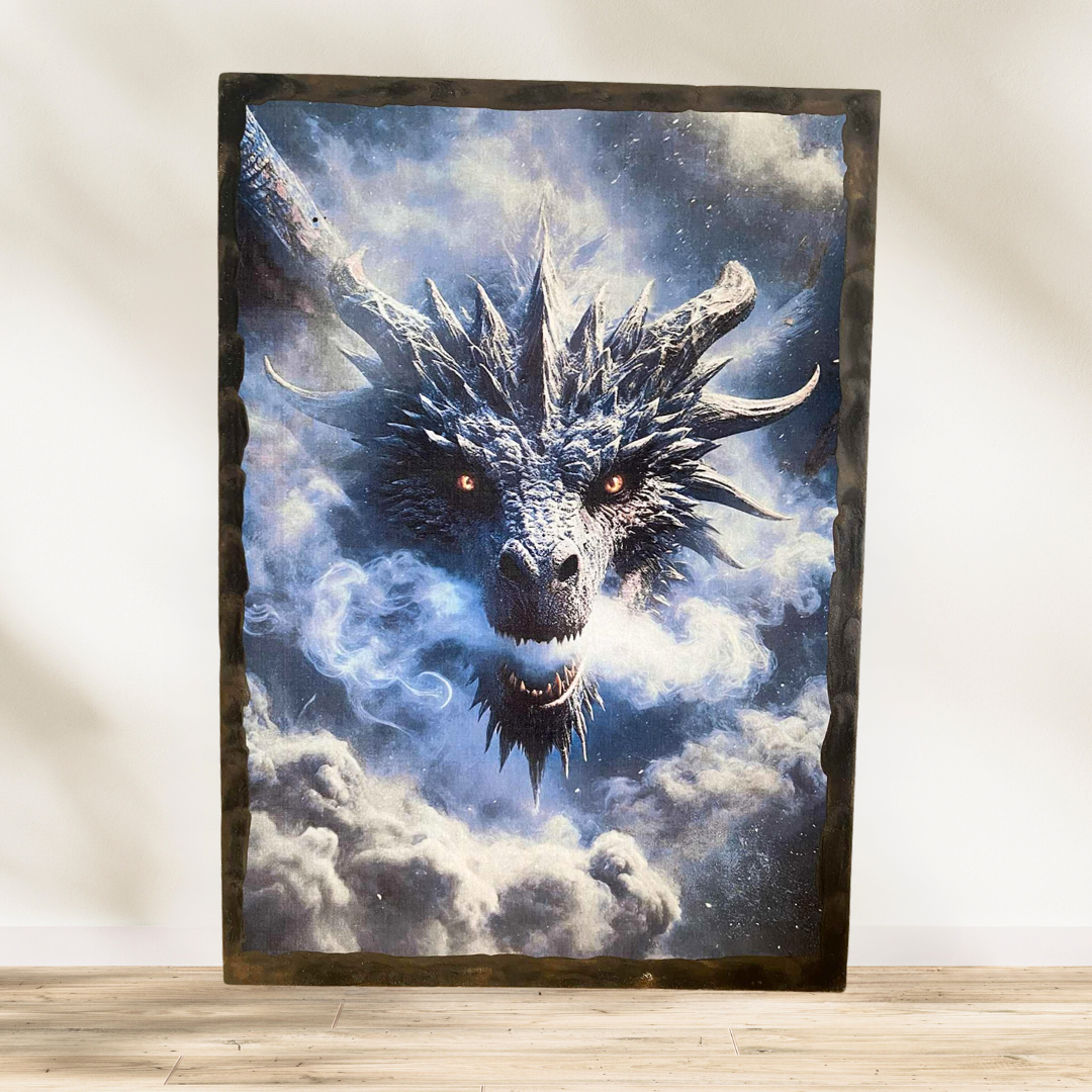 Tableau Dragon 🔥🌩️ Quand les cieux grondent, le dragon répond. Entre fumée, éclairs et regard incandescent, ce tableau ca