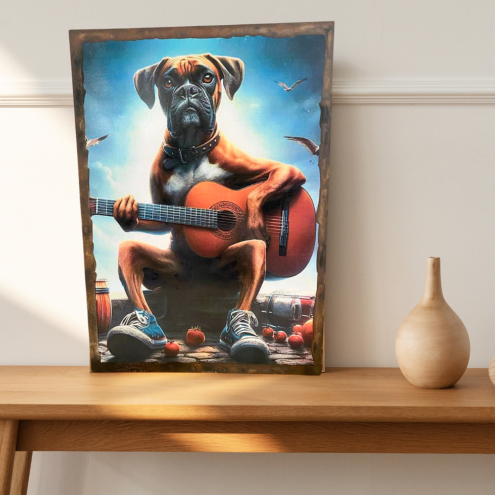 Miniature : Tableau Boxer à la guitare  🎸🐶 Quand la vie te donne des tomates, compose une ballade ! Voici Bobox, le premier chien rocke