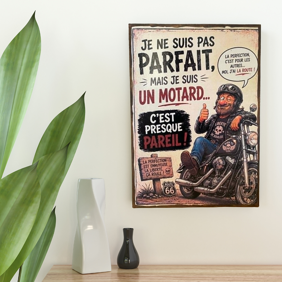 Miniature : Tableau "je ne suis pas parfait, mais je suis un motard, c'est presque pareil "  🏍️😄 La perfection ? Très peu pour lui... L