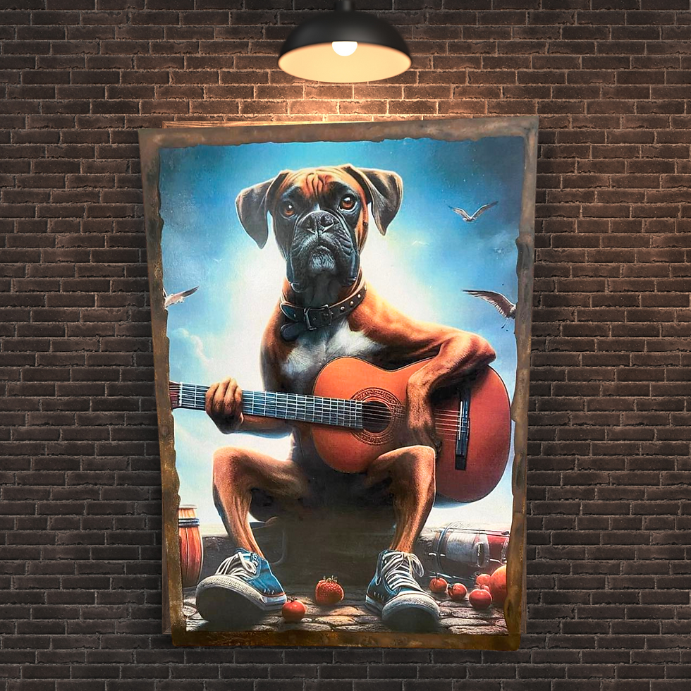 Miniature : Tableau Boxer à la guitare  🎸🐶 Quand la vie te donne des tomates, compose une ballade ! Voici Bobox, le premier chien rocke