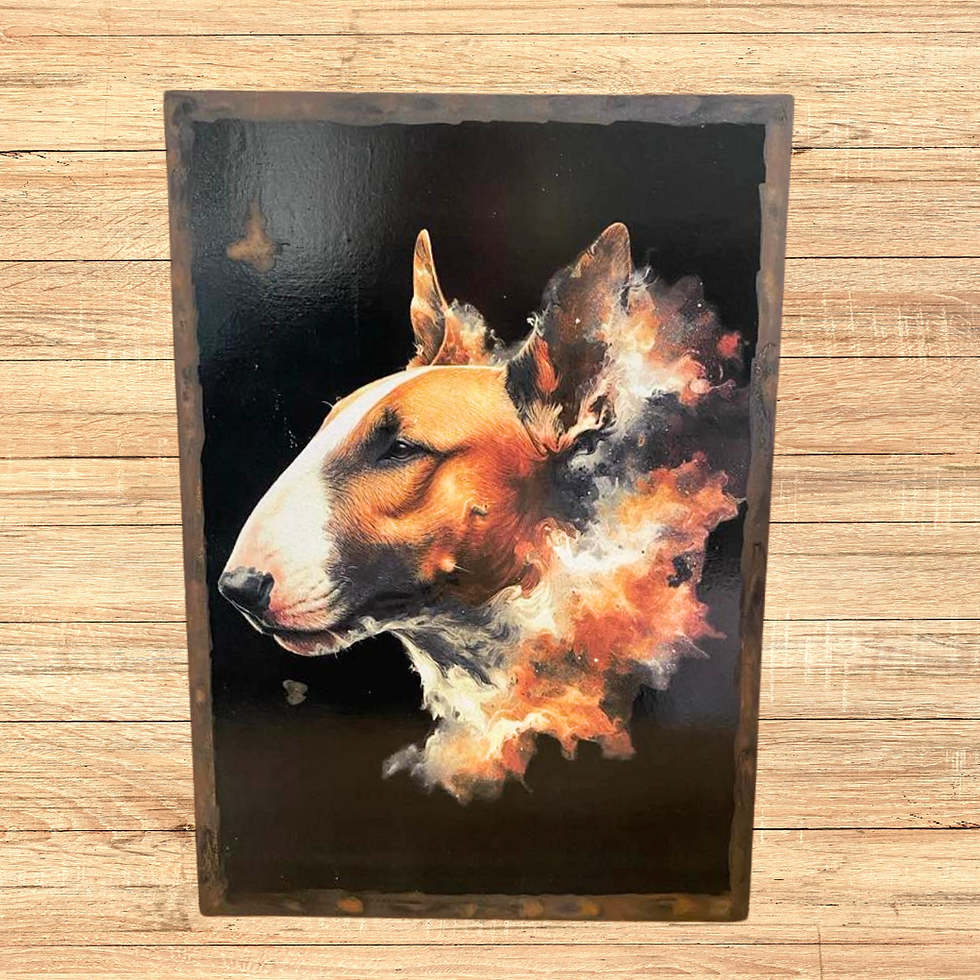 Miniature : Tableau Bull terrier  🌌 Entre feu et silence, un regard d’éternité 🌌 Il est là, noble et fier, ce Bull Terrier au profil sc