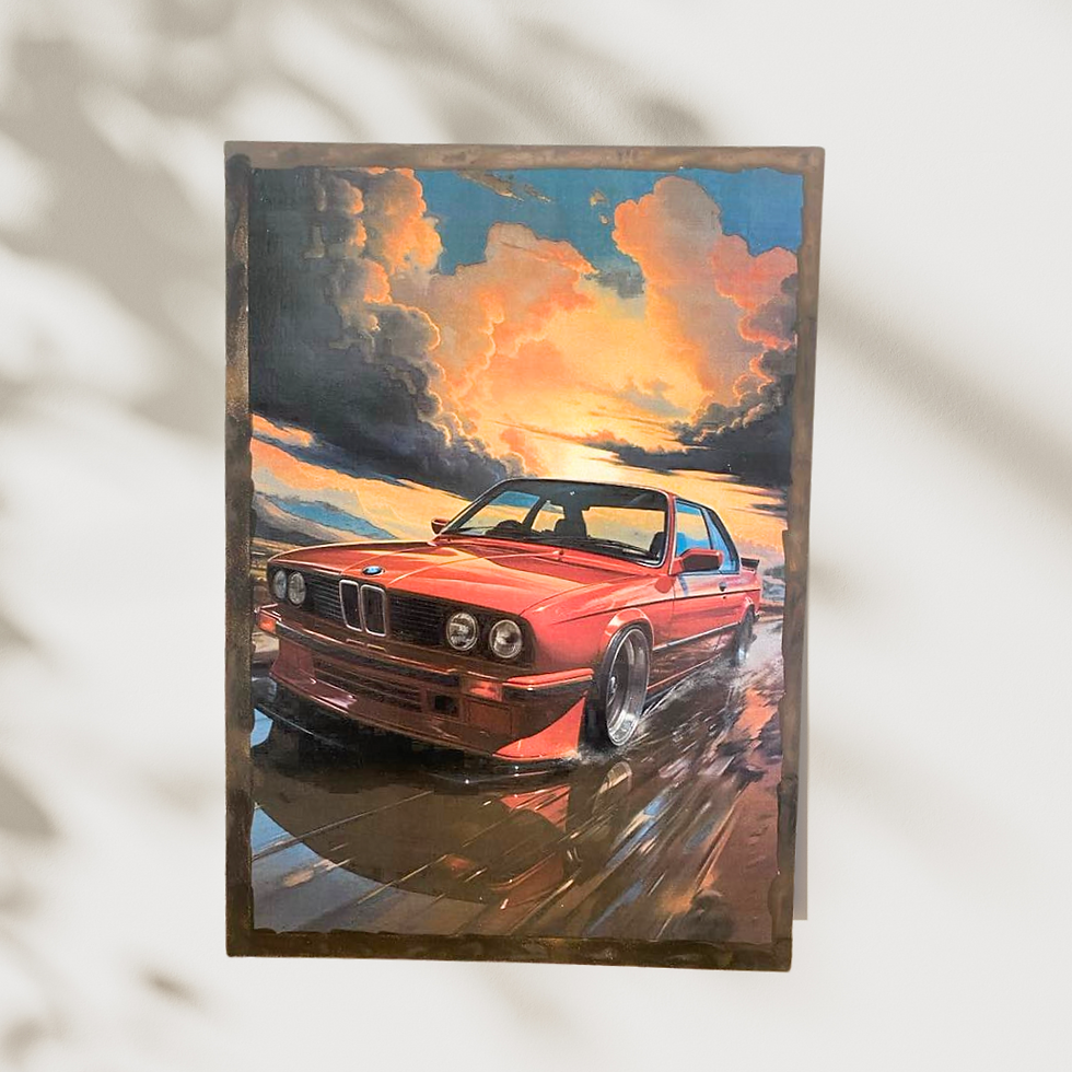 Miniature : Tableau BMW  ☀️🌩 Puissance rouge sous un ciel de tempête 🚗💨 Voici la légendaire BMW M3 E30, icône des années 80, figée dan