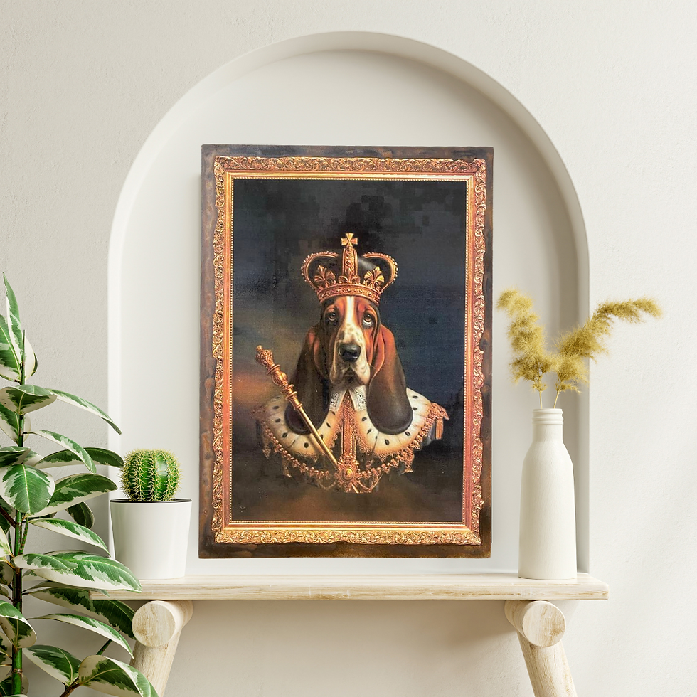 Miniature : Tableau Basset Hound  👑 Sa Majesté Rex Ier, Roi des Canapés et Maître des Friandises 🐾  On vous présente le souverain incon