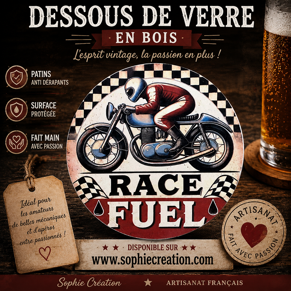 Dessous verre  Race fuel  🏁 Ambiance rétro, moteur qui rugit et apéro bien mérité ! 🏍️🍺  Ce dessous de verre en bois au lo