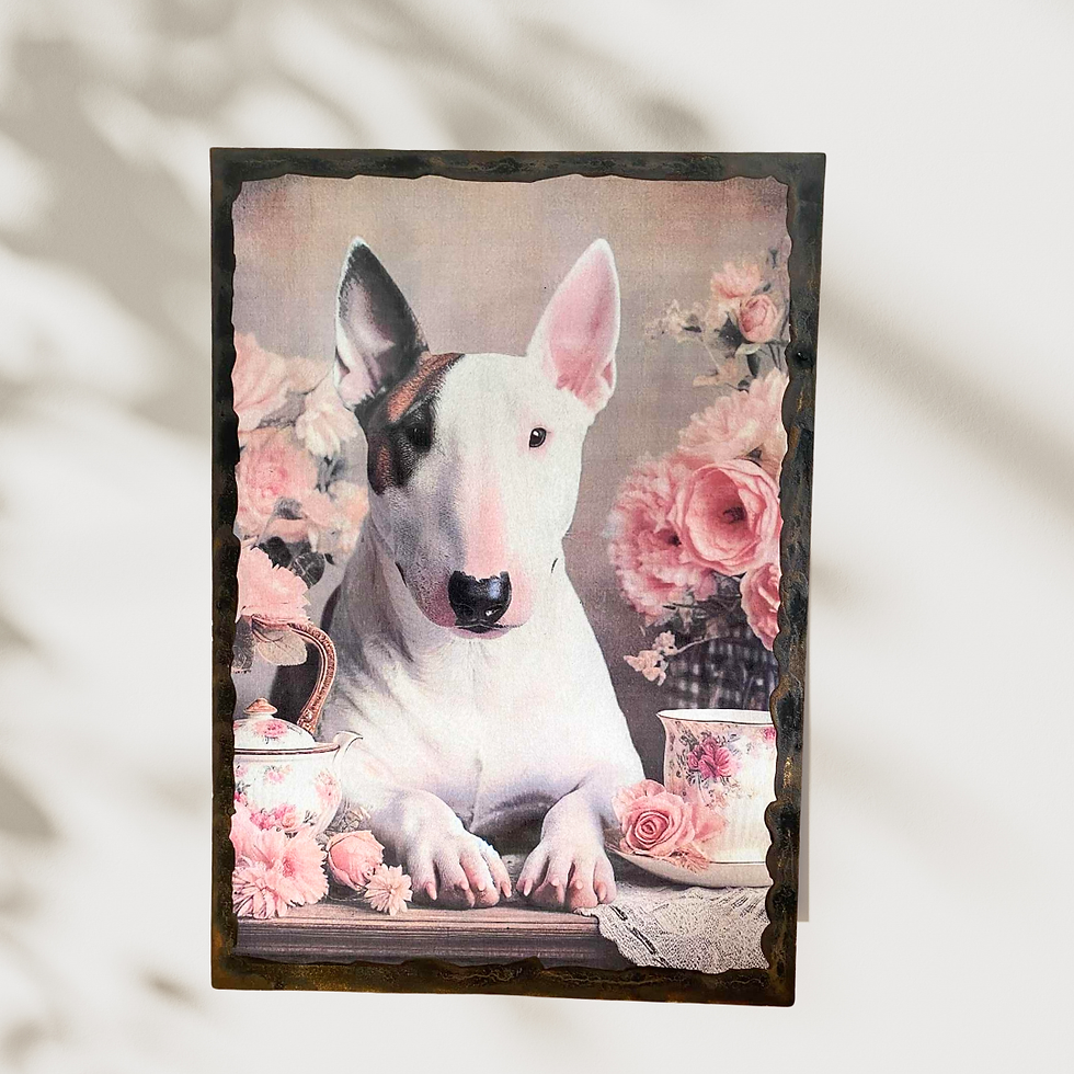 Miniature : Tableau Bull terrier  ☕🐶 Quand ton Bull Terrier t’invite à prendre le thé, tu sais que la journée va être chic ! Entre les r