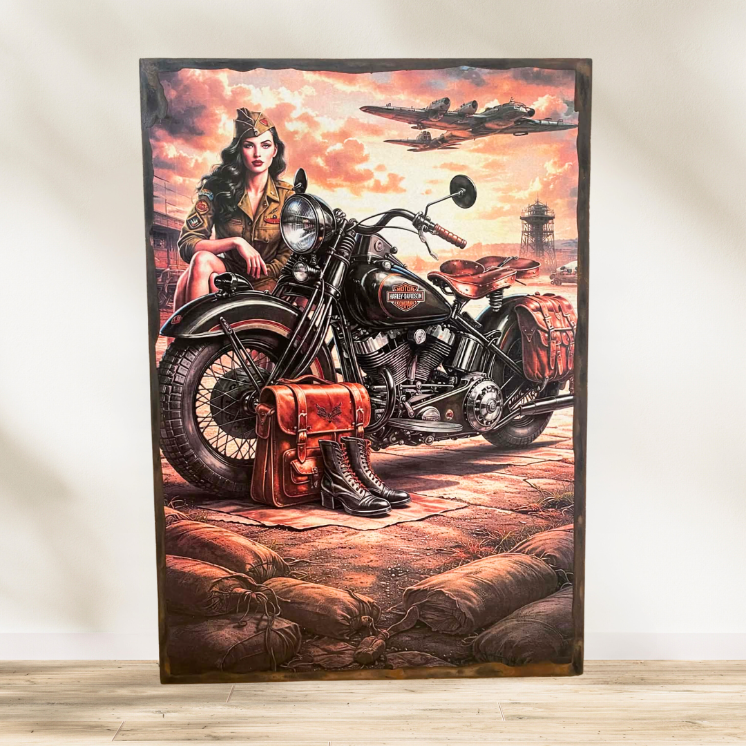 Tableau Pin up et Harley davidson Plonge dans une ambiance rétro pleine de caractère avec ce tableau façon plaque émaillé