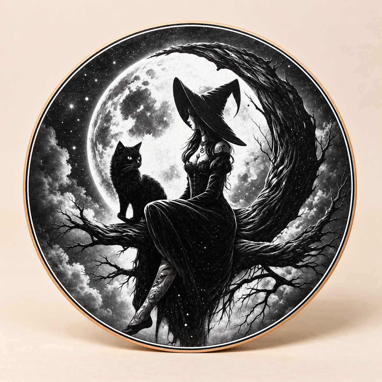Découvrez ce dessous-de-verre en bois avec une sorcière et son chat noir au clair de lune. Fabrication artisanale, décoration
