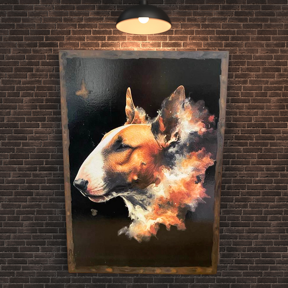 Miniature : Tableau Bull terrier  🌌 Entre feu et silence, un regard d’éternité 🌌 Il est là, noble et fier, ce Bull Terrier au profil sc
