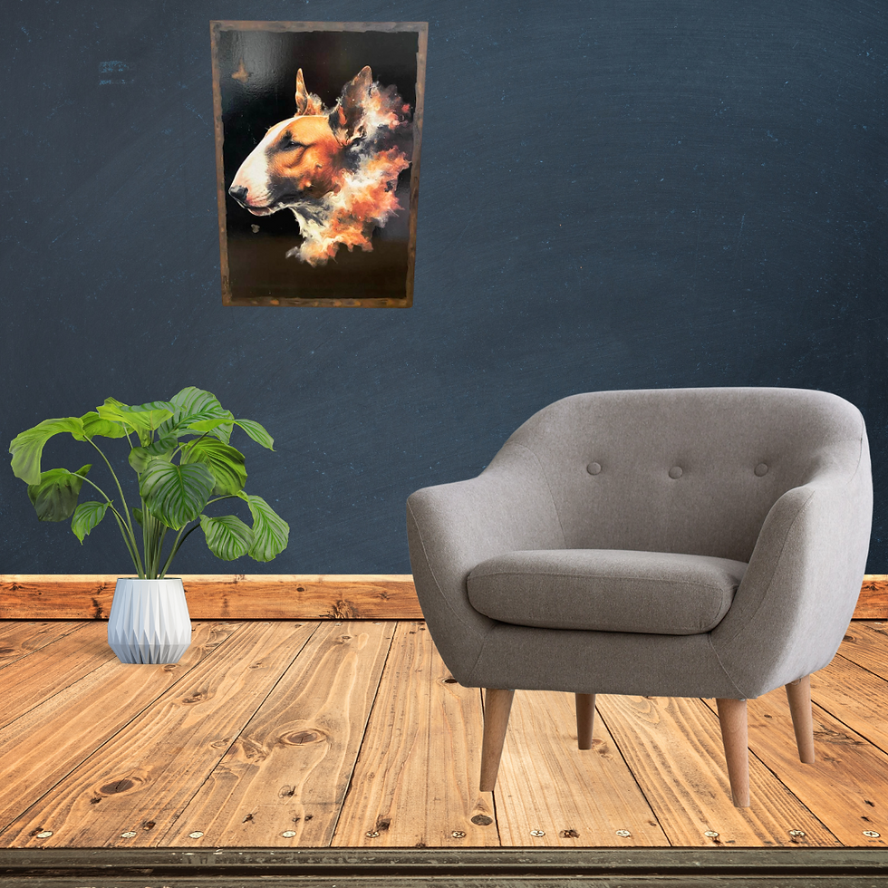 Miniature : Tableau Bull terrier  🌌 Entre feu et silence, un regard d’éternité 🌌 Il est là, noble et fier, ce Bull Terrier au profil sc