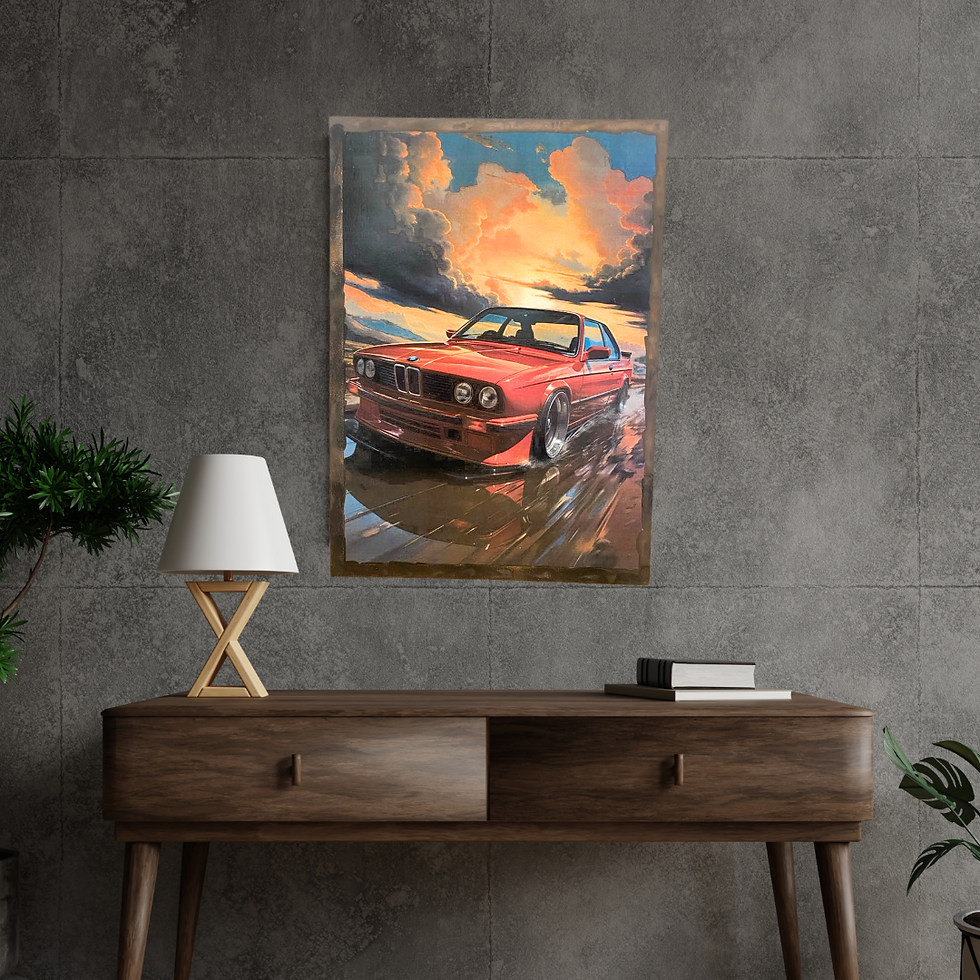 Miniature : Tableau BMW  ☀️🌩 Puissance rouge sous un ciel de tempête 🚗💨 Voici la légendaire BMW M3 E30, icône des années 80, figée dan