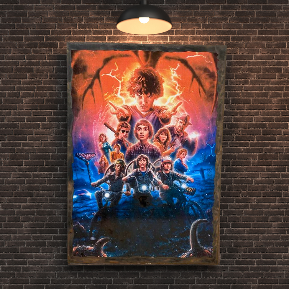 Miniature : Tableau Stranger things  ⚡️🧇 Bienvenue à Hawkins... et dans l’Upside Down. 🌪️🚴‍♂️  Ce tableau électrisant rend hommage à S