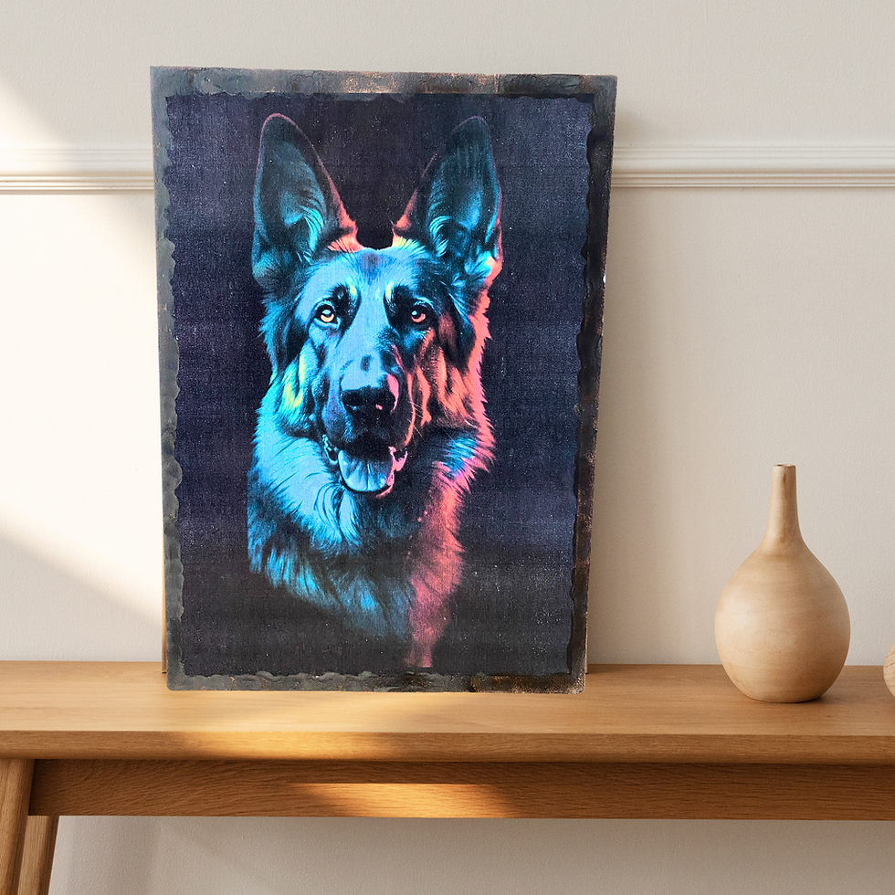 Miniature : Plongez dans l’intensité et l’élégance avec ce portrait vibrant de berger allemand, sublimé par un jeu de lumières néon. Ce t