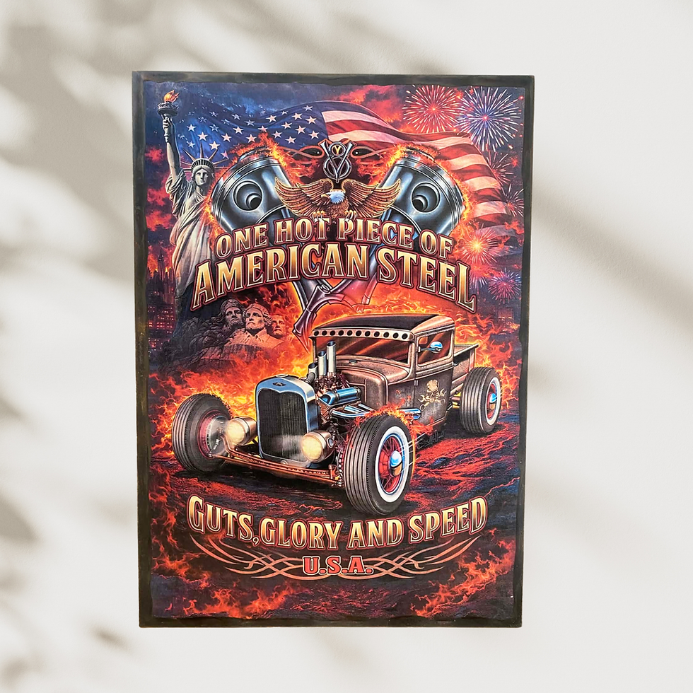 Miniature : Tableau   Hot Rod    🇺🇸🔥 Du chrome, du feu et l’esprit américain à pleine vitesse ! Ce tableau façon plaque émaillée débar