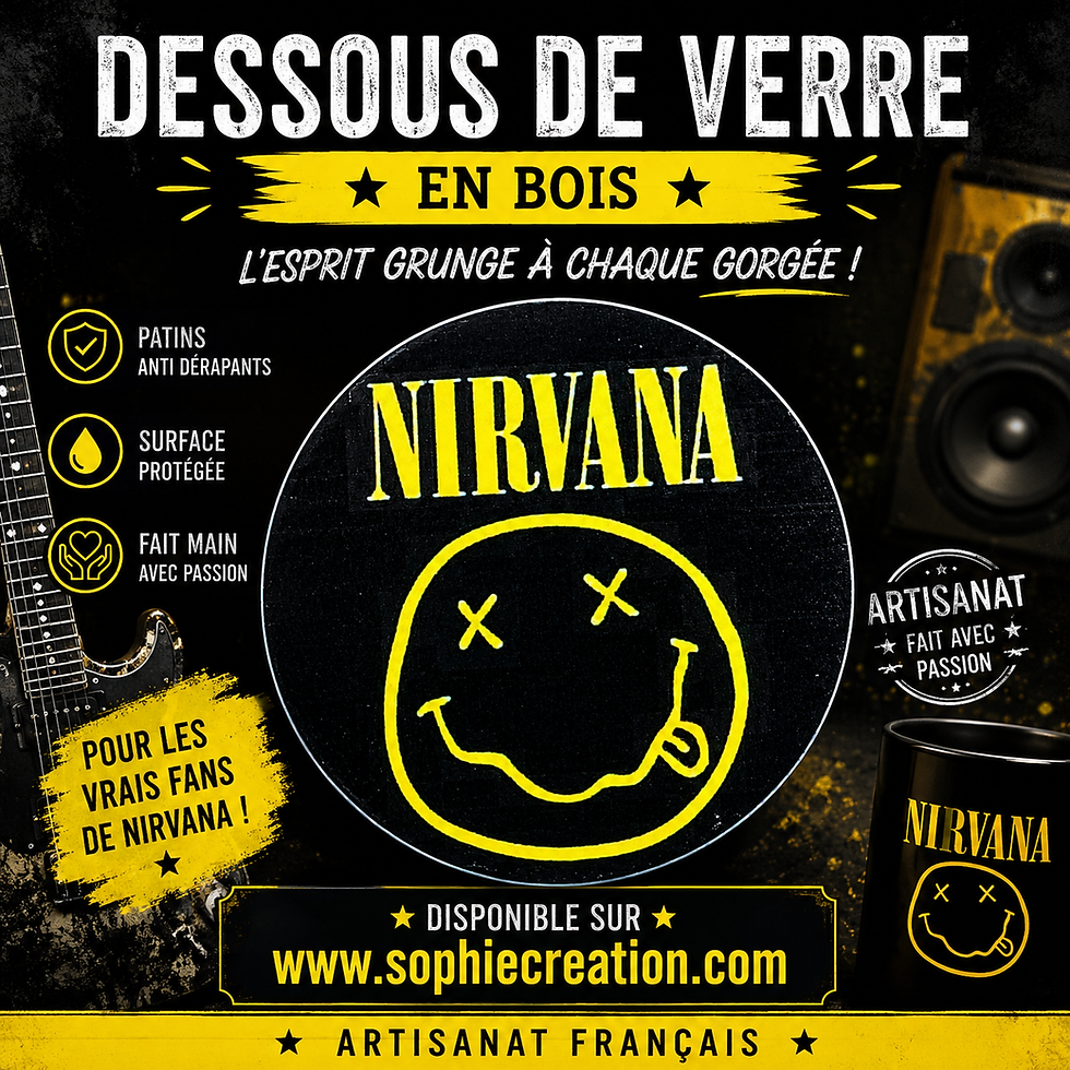 Miniature : Dessous verre  Nirvana  🎸🖤 Le grunge n'a pas pris une ride… et votre verre non plus ! 🤘  Affichez votre passion pour Nirva