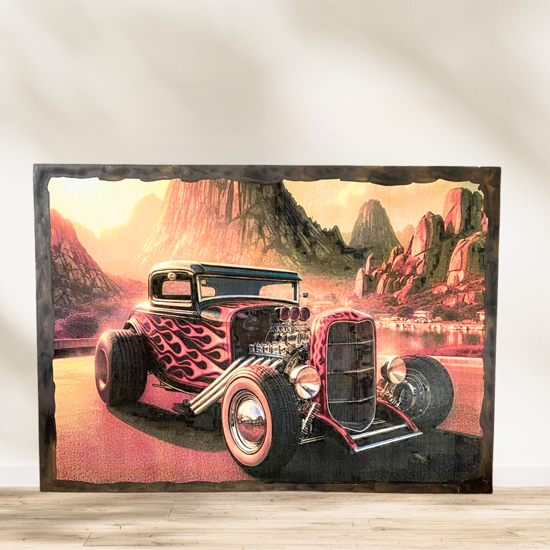 Tableau Hot rod 🔥 Hot Rod en flammes, route infinie ! 🔥 Un décor de roche rouge, un coucher de soleil ardent et une bagno