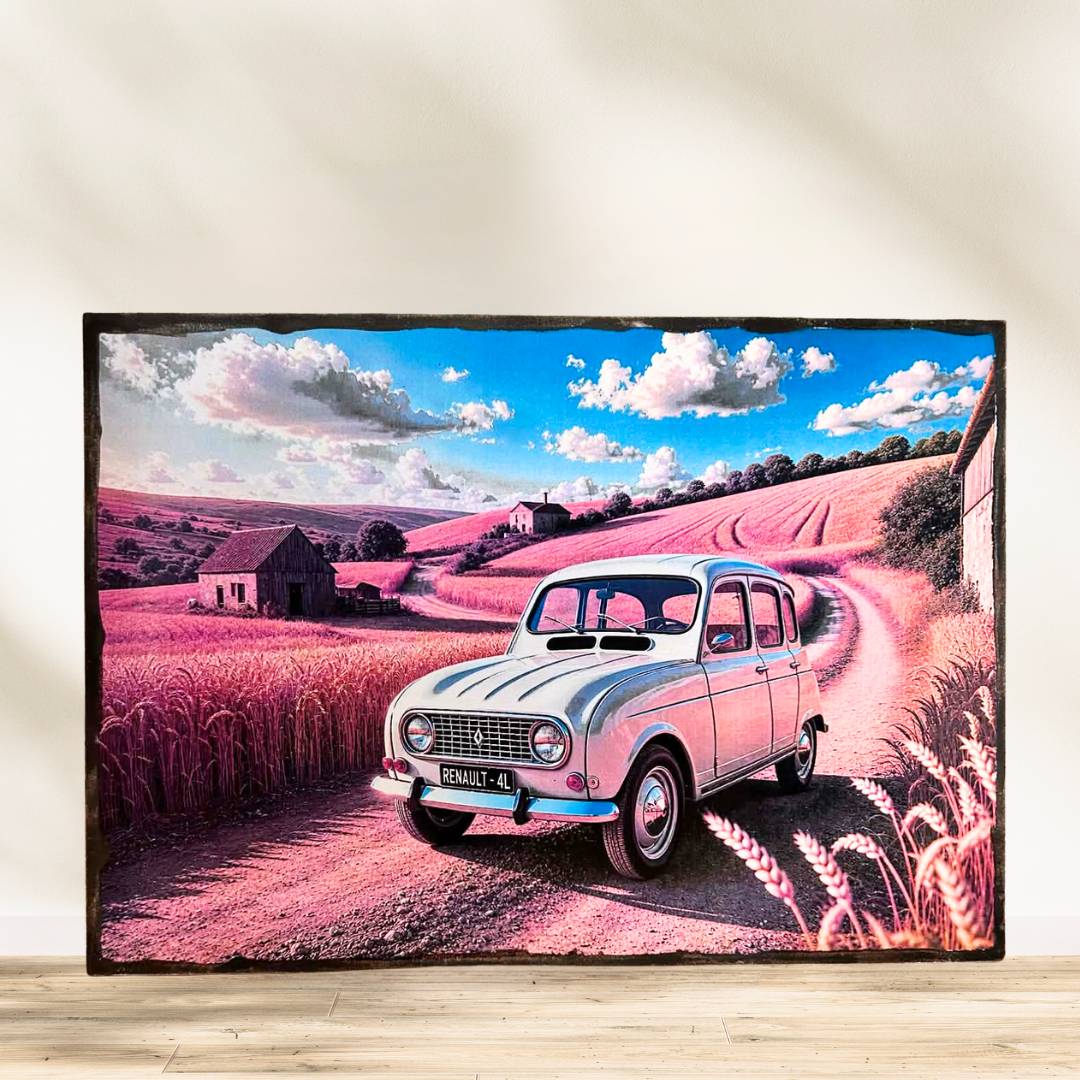 Tableau Renault 4L 🚗🌾 Un petit parfum de nostalgie sur les routes de campagne… La mythique Renault 4L s’offre une escapad
