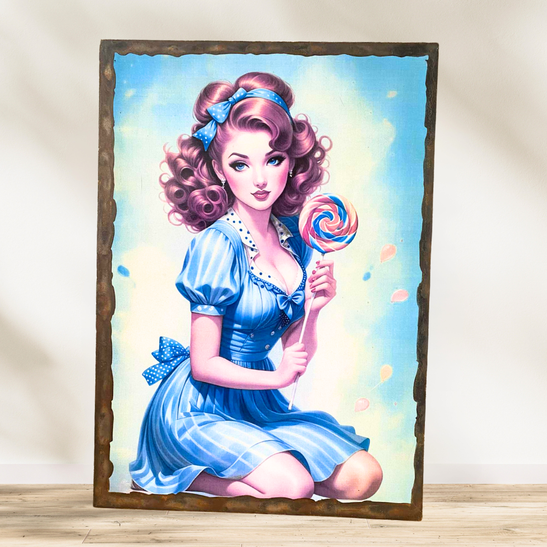 Tableau pin up 🍭 Plongez dans l’univers rétro avec ce tableau pin-up aux airs sucrés ! Entre boucles parfaites, robe bleu c