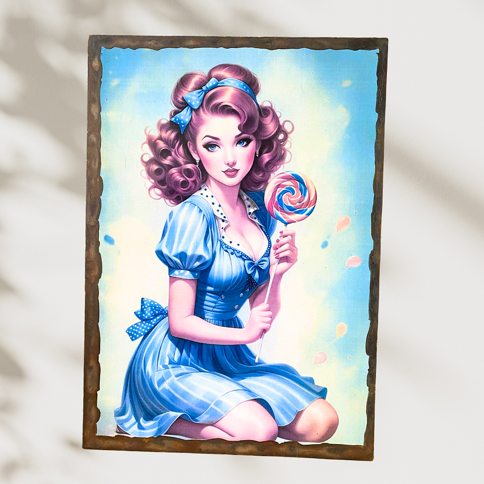 Miniature : Tableau pin up  🍭 Plongez dans l’univers rétro avec ce tableau pin-up aux airs sucrés ! Entre boucles parfaites, robe bleu c