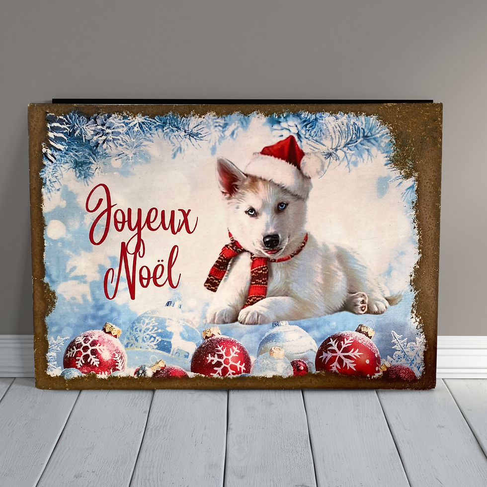 Miniature : Tableau  Joyeux Noel  ✨ Ambiance magique de Noël ✨  Ce tableau adorable met en scène un chiot Husky vêtu de son petit bonnet