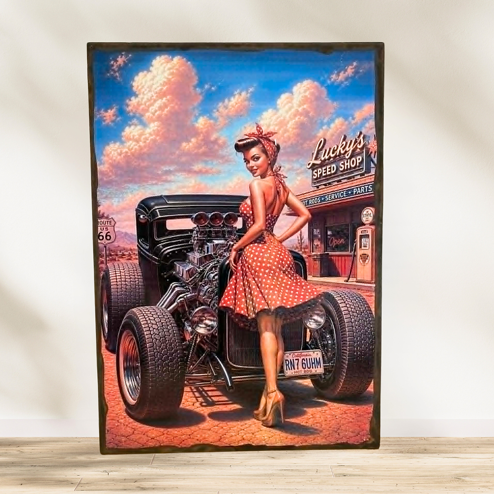 Tableau   Pin up et Hot rod   Envie d’un aller simple pour la Route 66 sans quitter ton salon ? 😎  Ce tableau façon plaque é