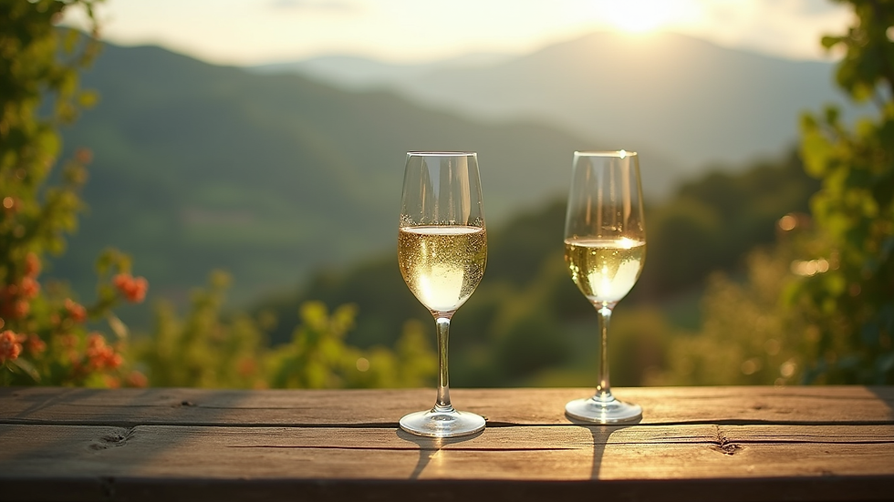 Calice di Prosecco con sfondo delle colline venete