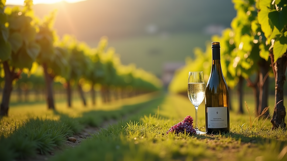 Dettaglio di un calice di Prosecco con vigneti sullo sfondo