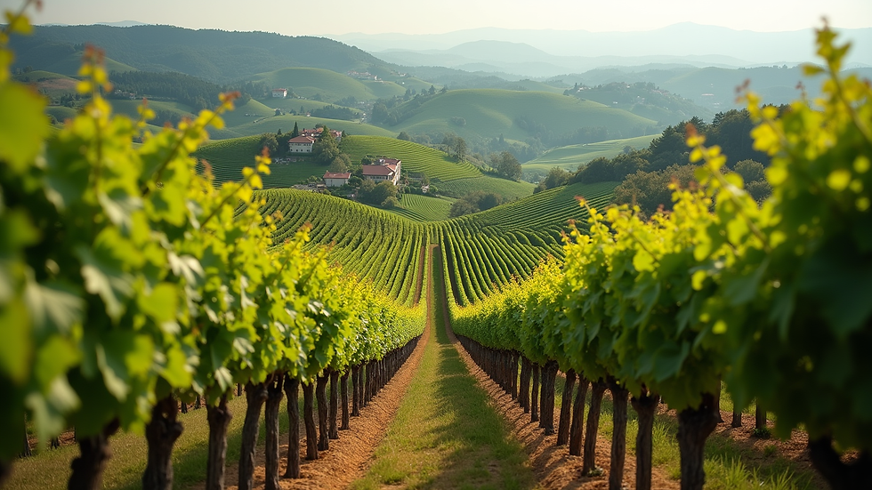 High angle view of vineyard rows in the Prosecco hills of Conegliano Valdobbiadene