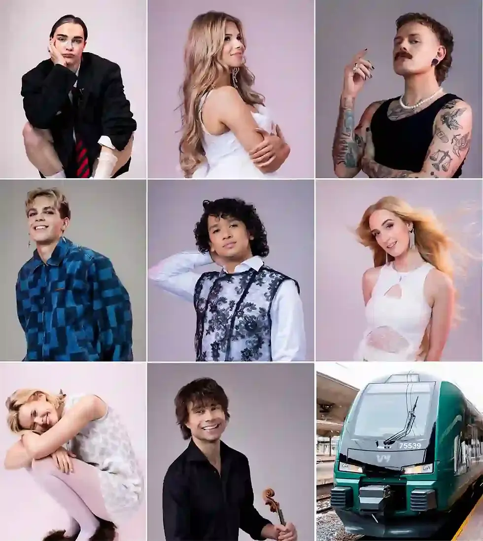 Mileo, emma, JONAS LOVV, Hedda Mae, STORM, Leonardo Amor, Silke og Alexander Rybak blir å se finalen i Melodi Grand Prix 2026. VY setter opp eget finaletog fra Oslo til Lillehammer. Foto: NRK og VY