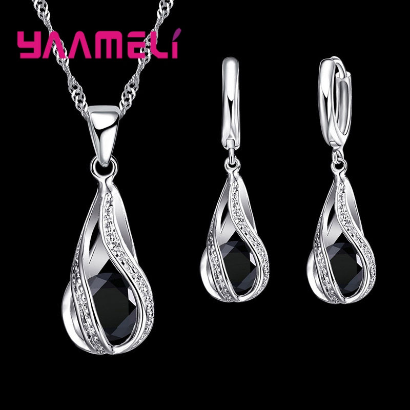 Thumbnail: Hot Water Drop CZ 925 Sterling Silver Plated Jewelry Set For Women Pendant Neckl