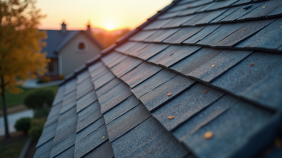 High angle view of a completed residential roof with new shingles