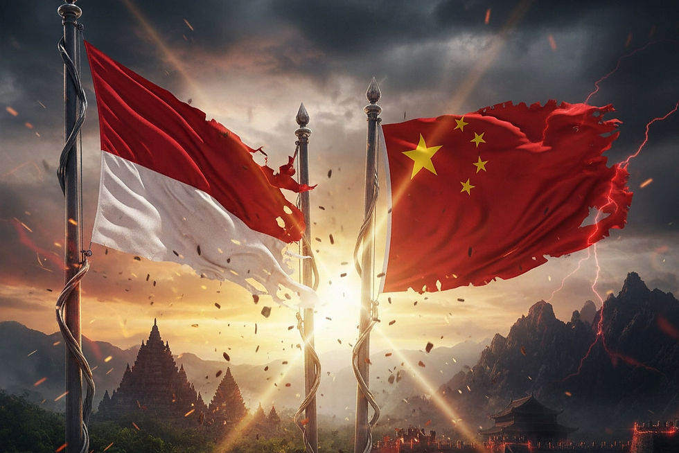 Indonesian and Chinese flags wave on poles, against a dramatic mountain backdrop with a fiery sky and lightning, creating a tense mood.