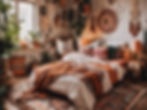 Cozy boho bedroom with orange, white, and patterned textiles. Plants and decor hang on beige walls. Warm, inviting atmosphere.