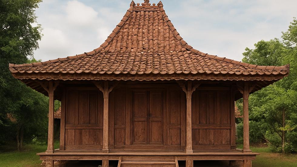 Traditional teak joglo with a tiled, peaked roof. It's surrounded by green trees and grass under a partly cloudy sky. Serene atmosphere.