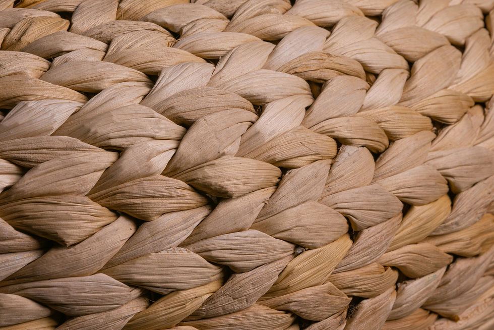 Close-up of tightly woven natural fibers in a braided pattern. The colors are light brown and beige, creating a textured, rustic look.