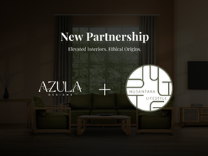 Azula Designs partners with Nusantara Lifestyle. Living room with green sofa, wooden furniture. Text: New Partnership, Elevated Interiors.