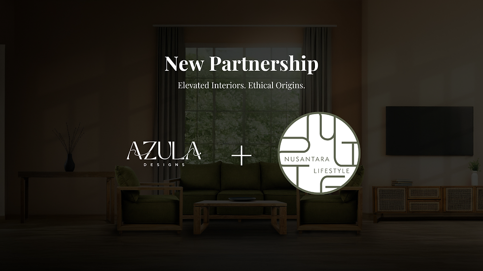 Azula Designs partners with Nusantara Lifestyle. Living room with green sofa, wooden furniture. Text: New Partnership, Elevated Interiors.