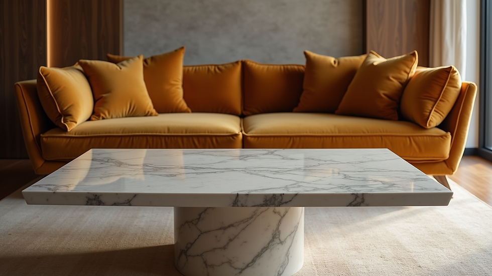 Eye-level view of a luxurious living room with velvet sofa and marble coffee table