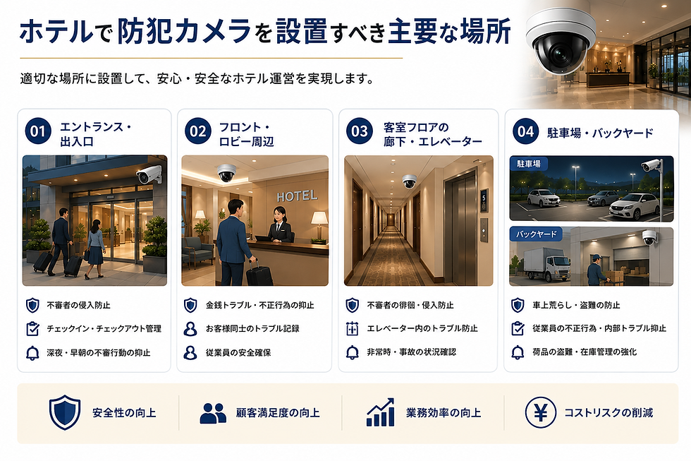 ホテルで防犯カメラを設置すべき主要な場所

