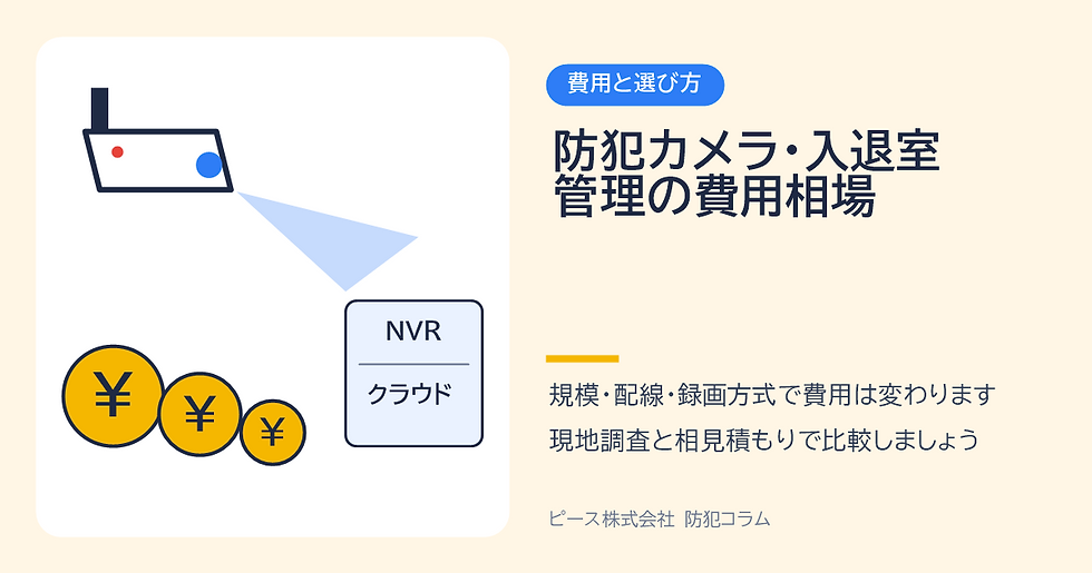 防犯カメラとNVR/クラウドの図。左にカメラと光の矢印、下に¥マーク3つ。右に「費用と選び方」「防犯カメラ・入退室管理の費用相場」などの見出し。