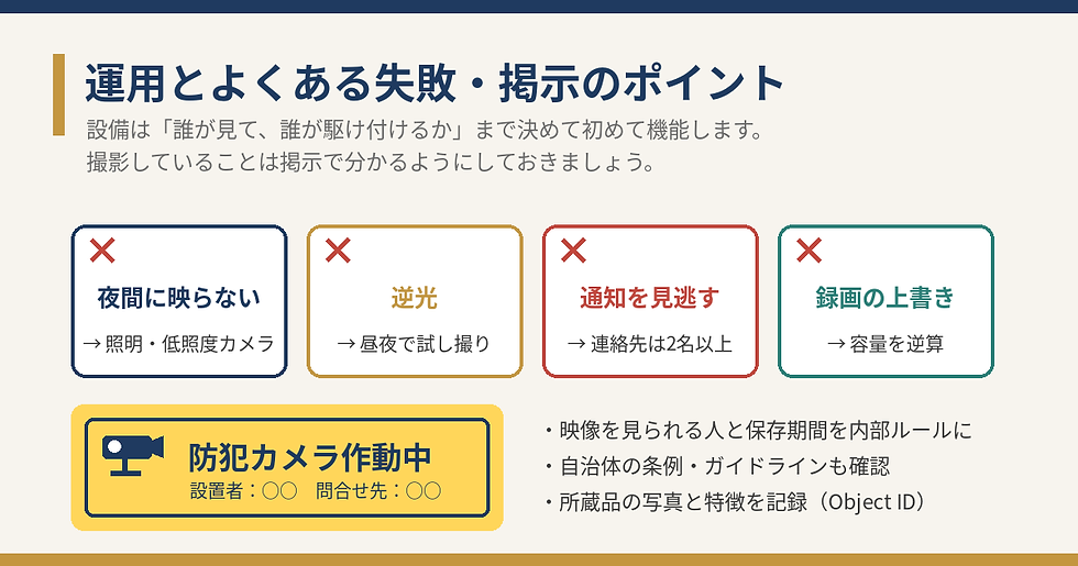 白背景の説明スライド。見出しは「運用とよくある失敗・掲示のポイント」。夜間に映らない、逆光、通知見逃し、録画上書きの4項目と、黄の「防犯カメラ作動中」表示。